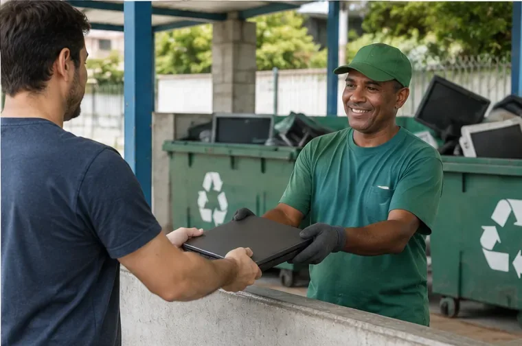 Pessoa entregando um notebook inteiro a um trabalhador em um ponto organizado de recebimento de eletrônicos