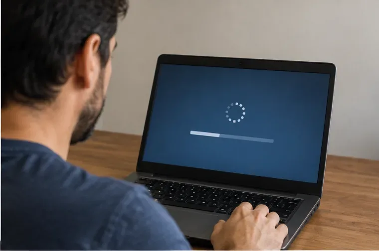 Pessoa aguardando a conclusão do processo de redefinição em um notebook antes da reciclagem
