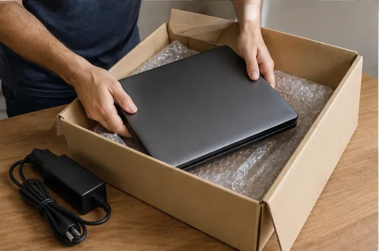 Notebook desligado sendo colocado em uma caixa junto do carregador para transporte ao ponto de entrega