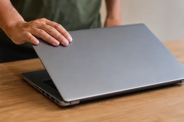 Pessoa fechando um notebook depois de concluir a preparação para o descarte
