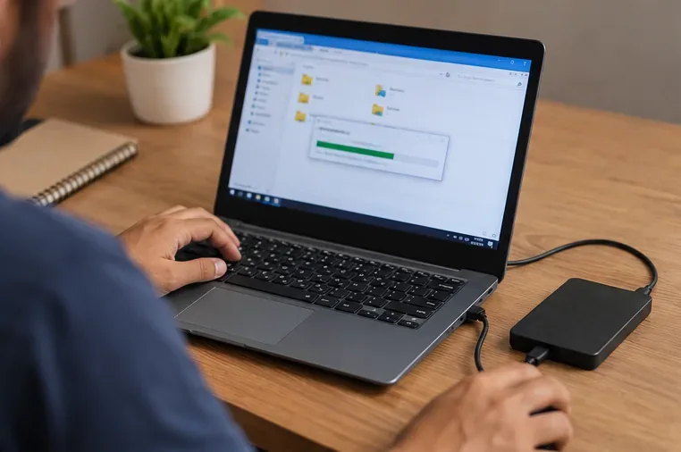 Pessoa copiando arquivos de um notebook para um disco externo sobre uma mesa