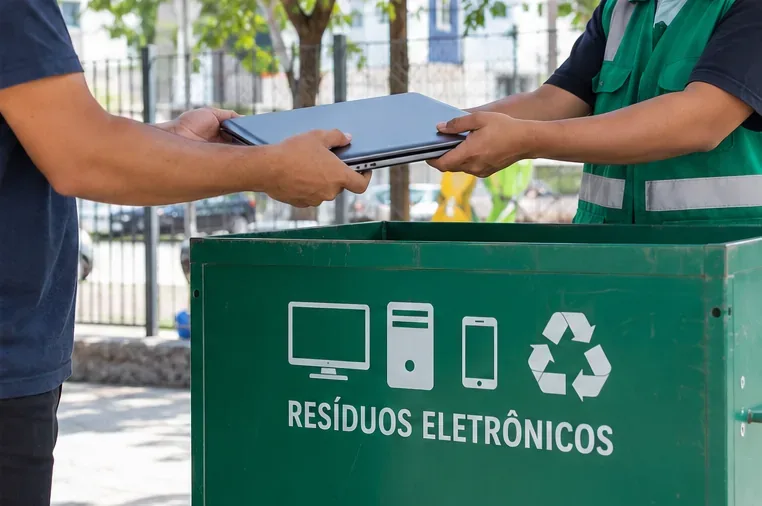 Pessoa entregando um notebook a um trabalhador em um ponto de coleta de resíduos eletrônicos