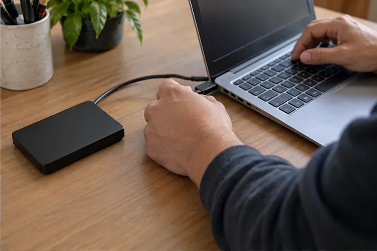 Mãos conectam um notebook aberto a um disco externo preto sobre uma mesa de madeira.