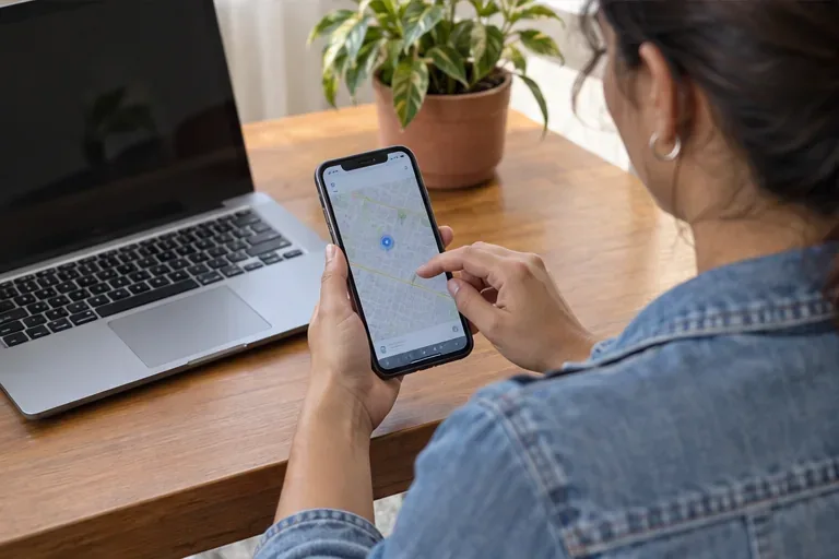 Pessoa consulta um mapa com marcador em um smartphone ao lado de um notebook sobre a mesa.