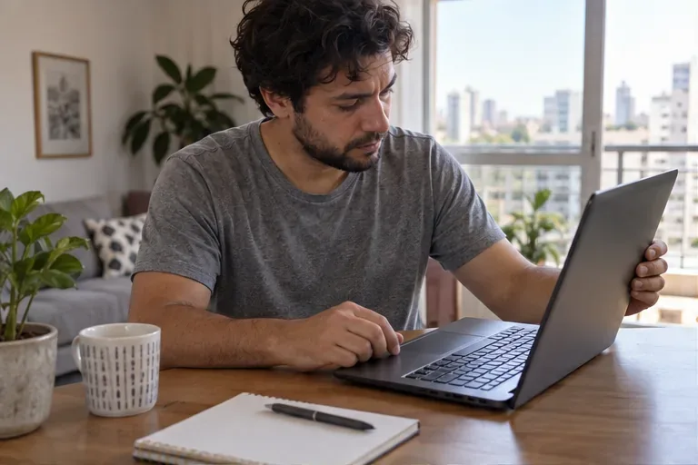 Pessoa sentada à mesa examinando um notebook aberto em um apartamento iluminado.
