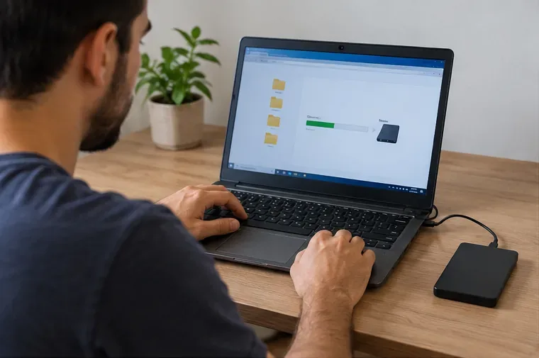 Pessoa fazendo cópia de arquivos de um notebook para uma unidade externa antes do descarte