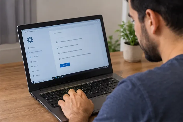 Pessoa usando a tela de configurações de um notebook durante a preparação para apagar os dados