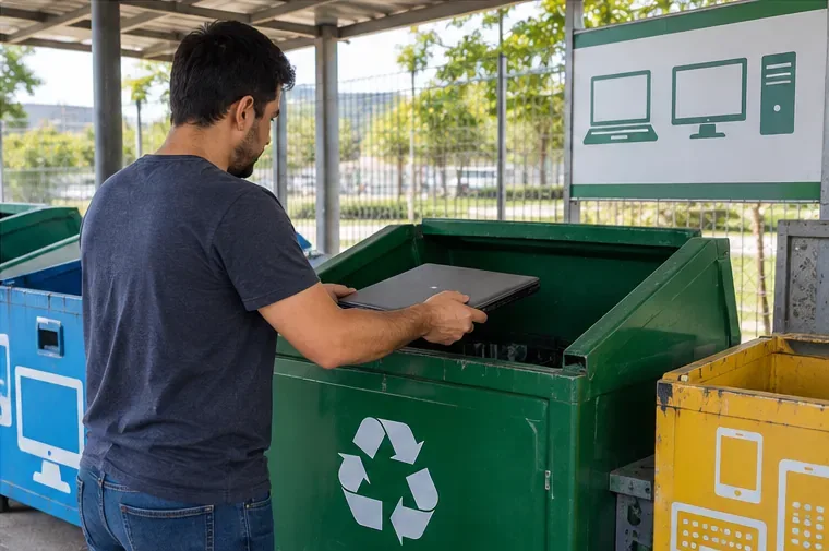 Pessoa entregando um notebook em uma área de coleta seletiva de equipamentos eletrônicos