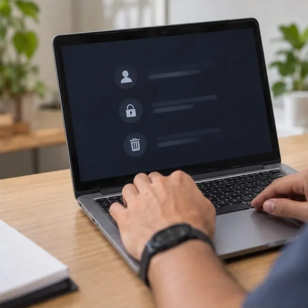 Mãos usando um notebook aberto numa tela escura de configurações, com ícones de conta, cadeado e exclusão
