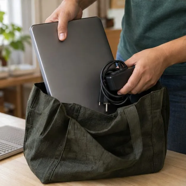 Notebook fechado e carregador desconectado sendo colocados com cuidado em uma bolsa de transporte