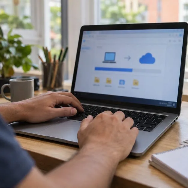 Pessoa copiando arquivos de um notebook para outro local de armazenamento, com ícones de pastas e transferência visíveis na tela