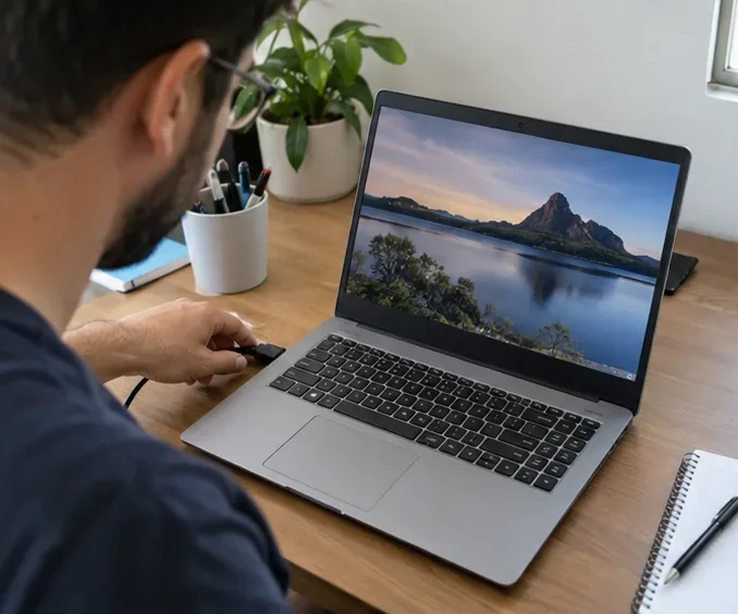 Pessoa verifica se um notebook ainda liga e desconecta o carregador em uma mesa de trabalho
