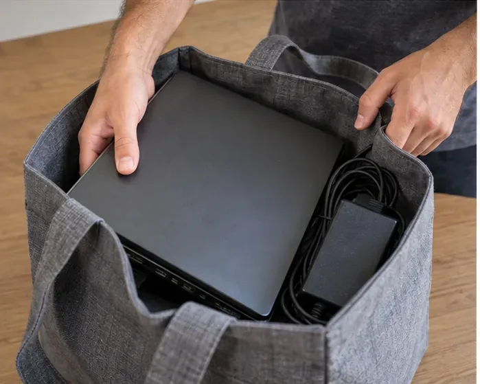 Notebook desligado e carregador acondicionados juntos em uma bolsa para transporte
