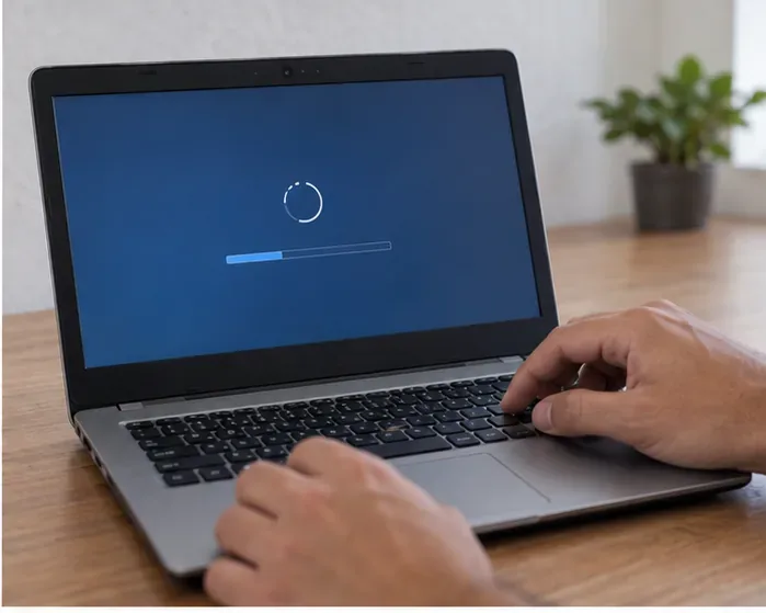 Notebook em processo de redefinição antes de ser encaminhado para reciclagem