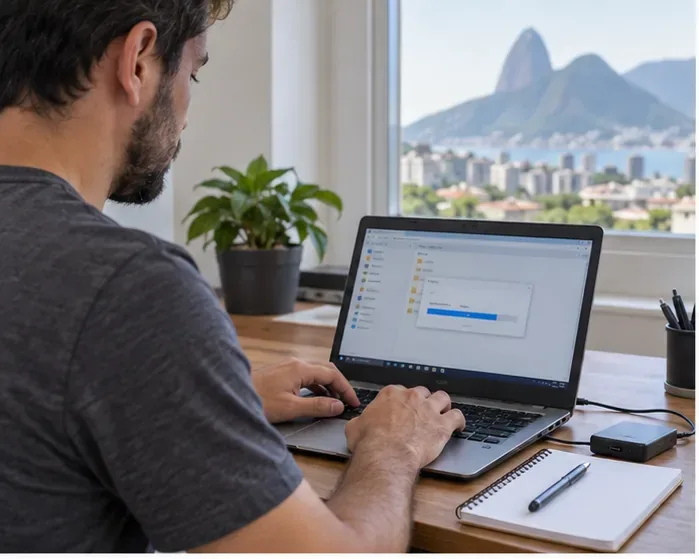 Pessoa fazendo cópia de arquivos de um notebook para uma unidade externa antes do descarte