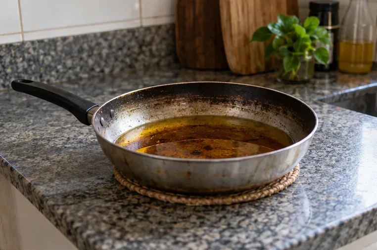 Frigideira com óleo de fritura usada repousa sobre a bancada, fora do fogão, enquanto esfria