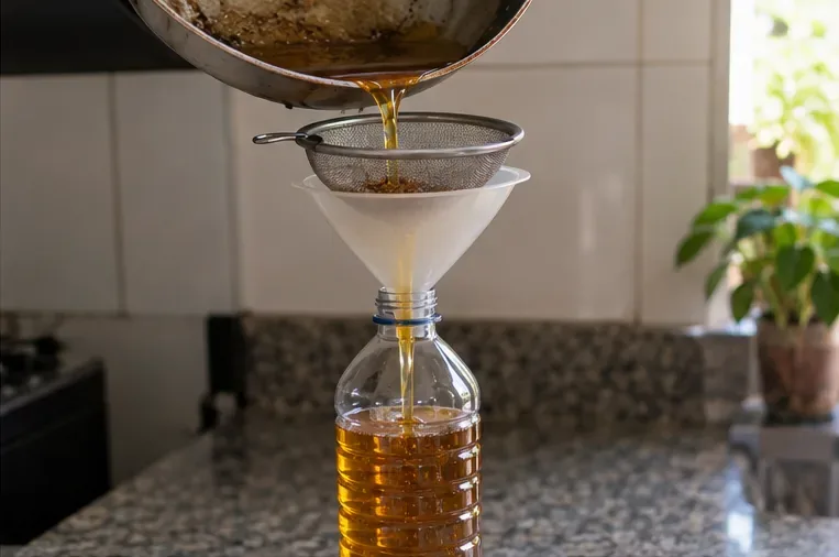 Óleo de cozinha já frio passa por uma peneira e um funil para uma garrafa plástica limpa