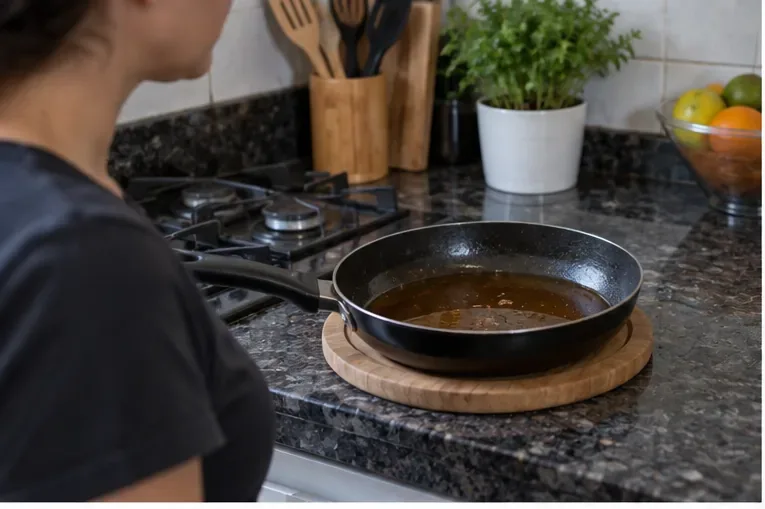Panela com óleo de cozinha usado repousando sobre uma base na bancada, enquanto uma pessoa espera o líquido esfriar.