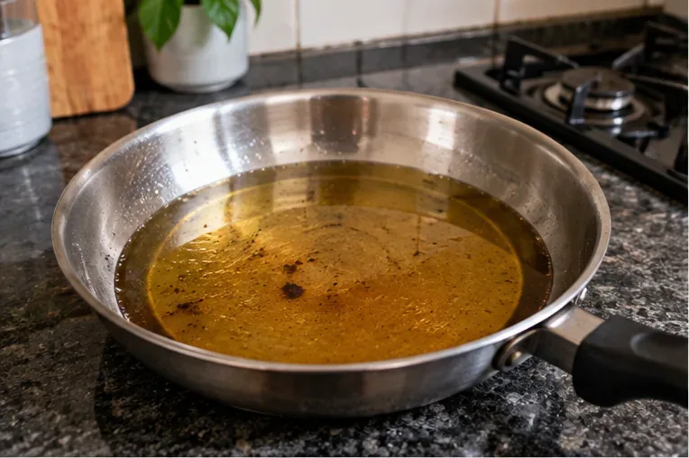 Óleo de cozinha usado já frio em uma frigideira sobre a bancada