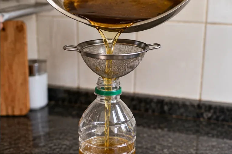 Óleo de cozinha usado sendo coado por uma peneira para dentro de uma garrafa plástica