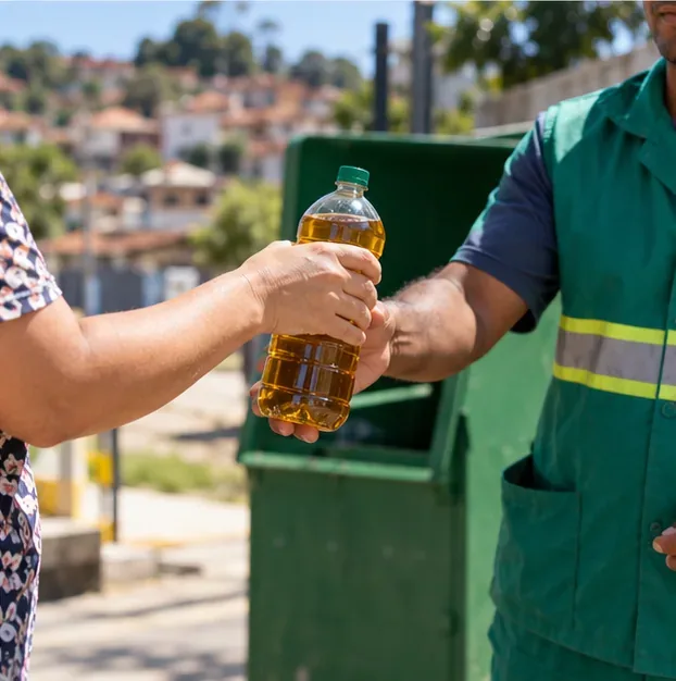 Uma pessoa entrega uma garrafa PET fechada a um funcionário ao lado de um ponto de coleta de resíduos.