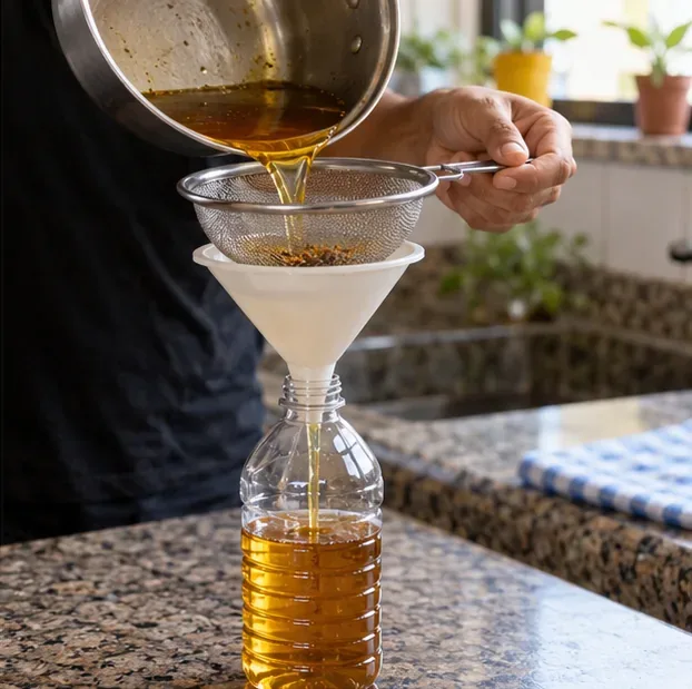 Óleo de cozinha frio passando por peneira e funil para uma garrafa plástica PET transparente.