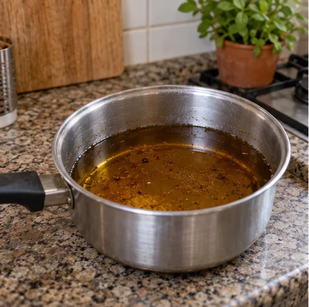 Panela de metal com óleo de fritura usado repousando sobre uma bancada de cozinha para esfriar.