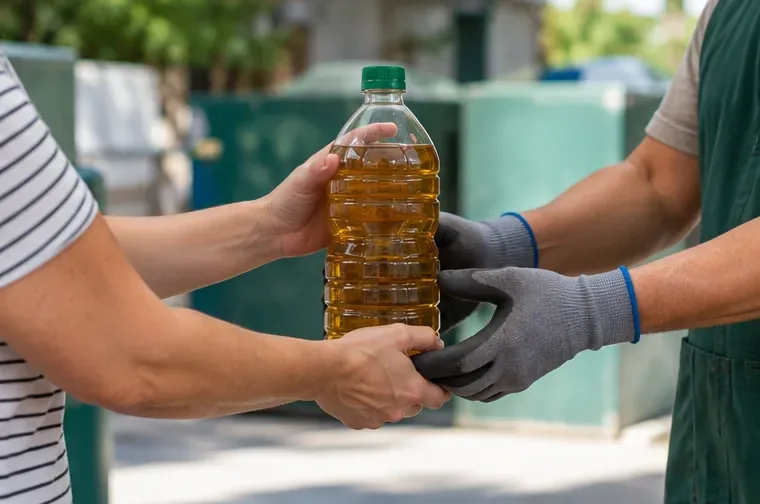 Duas pessoas segurando uma garrafa fechada com óleo, sendo que uma delas usa luvas de trabalho.