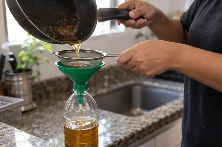 Pessoa coando óleo de fritura usado com peneira e funil para dentro de uma garrafa PET
