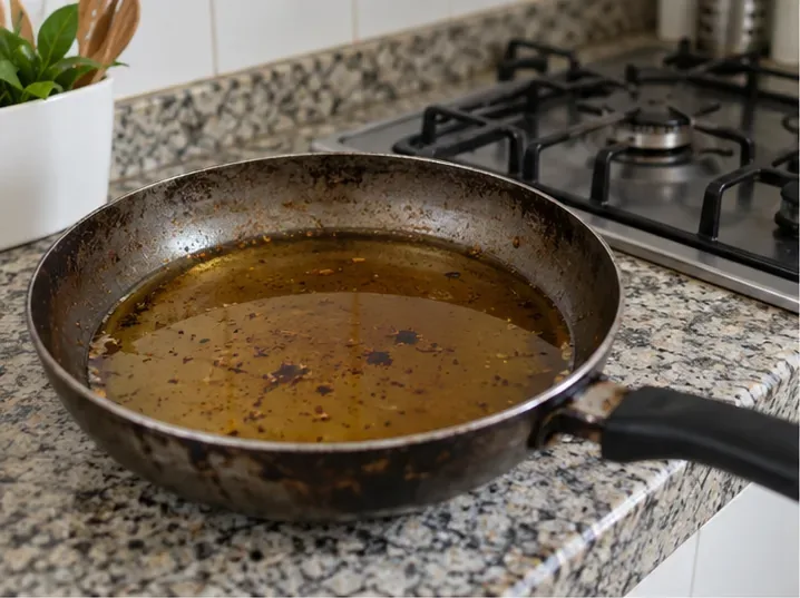 Panela com óleo de fritura usado esfriando sobre uma bancada de cozinha.
