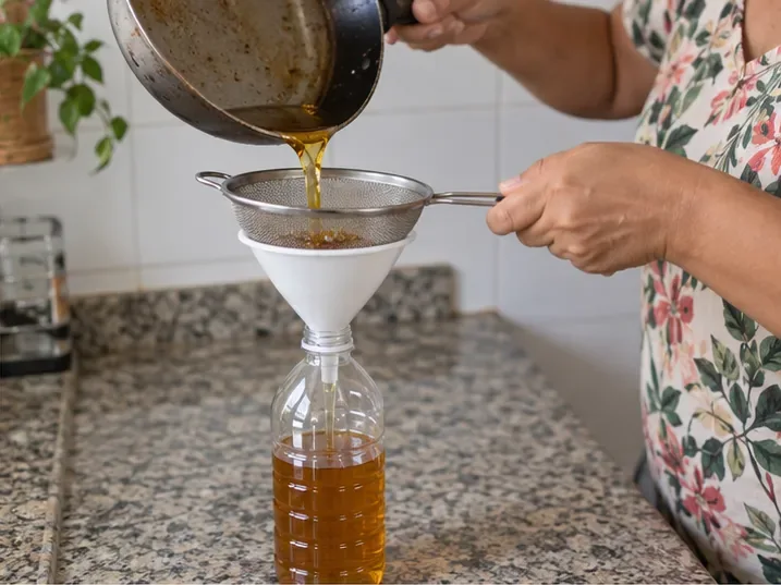 Óleo de fritura já frio sendo coado por uma peneira e um funil para uma garrafa PET.