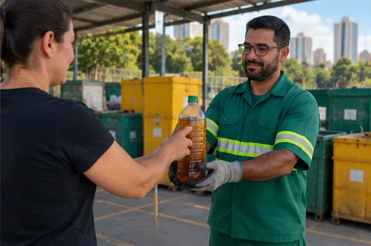 Pessoa entregando uma garrafa fechada com óleo de cozinha usado a um trabalhador em um ponto de coleta