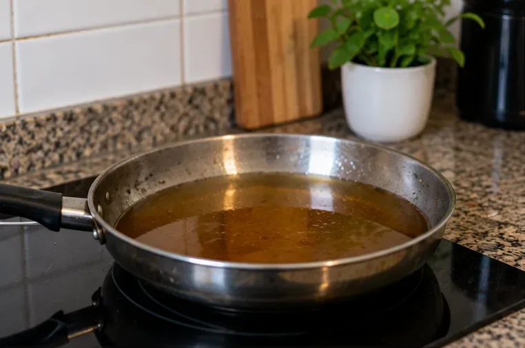 Frigideira com óleo de cozinha usado sobre o fogão, aguardando resfriamento antes do armazenamento