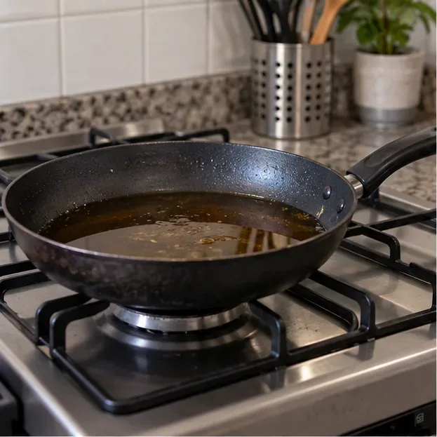 Frigideira com óleo de cozinha usado sobre o fogão, aguardando esfriar antes do armazenamento