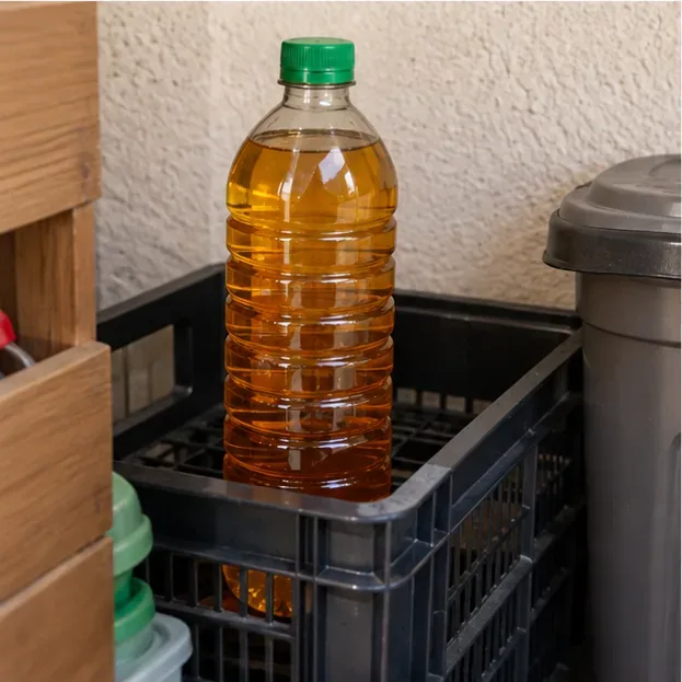 Garrafa plástica cheia de óleo de cozinha usado, fechada com tampa e guardada em uma caixa