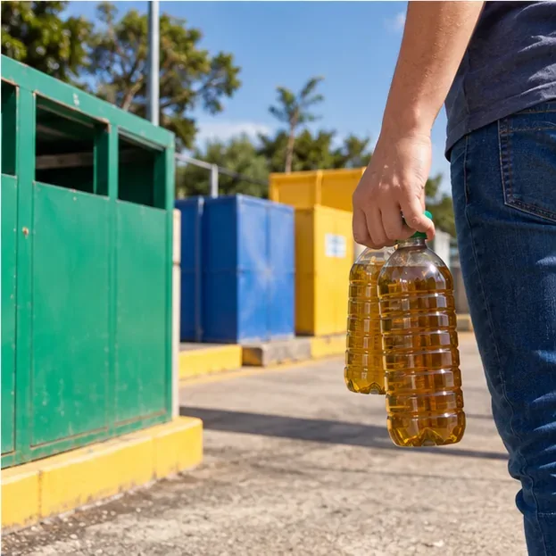 Pessoa levando garrafas fechadas com óleo de cozinha usado para uma área de entrega de recicláveis