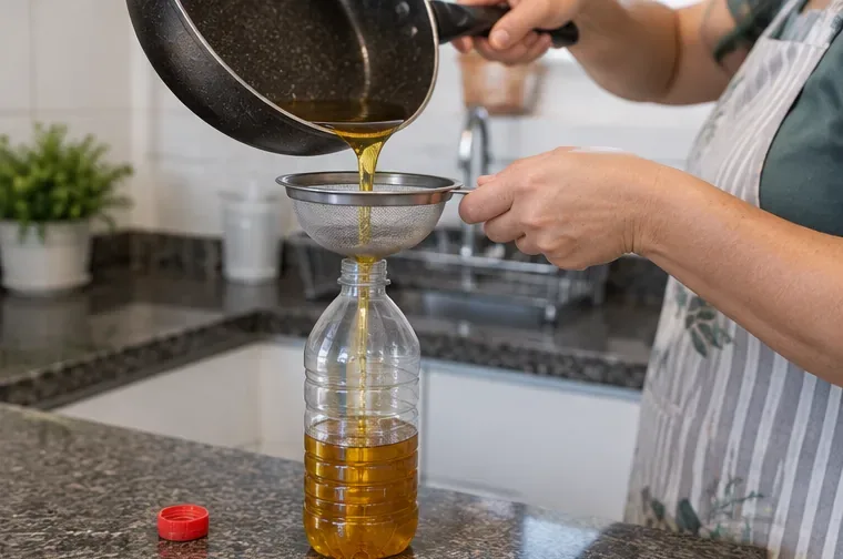 Pessoa coando óleo de cozinha usado com uma peneira e colocando o líquido em uma garrafa plástica com tampa