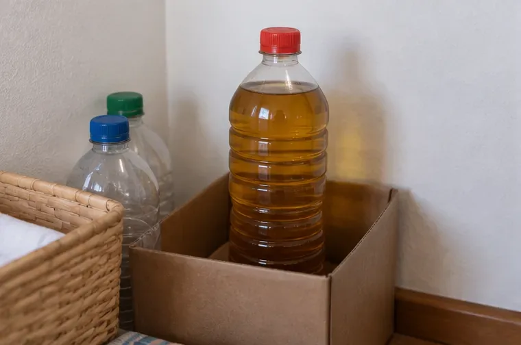 Garrafas plásticas fechadas contendo óleo de cozinha usado armazenadas em pé dentro de uma caixa