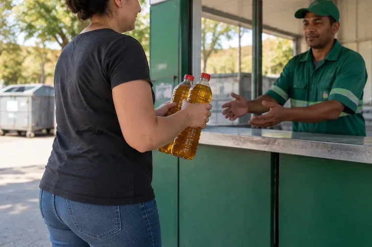 Moradora entregando garrafas fechadas com óleo de cozinha usado em um balcão de recebimento de recicláveis