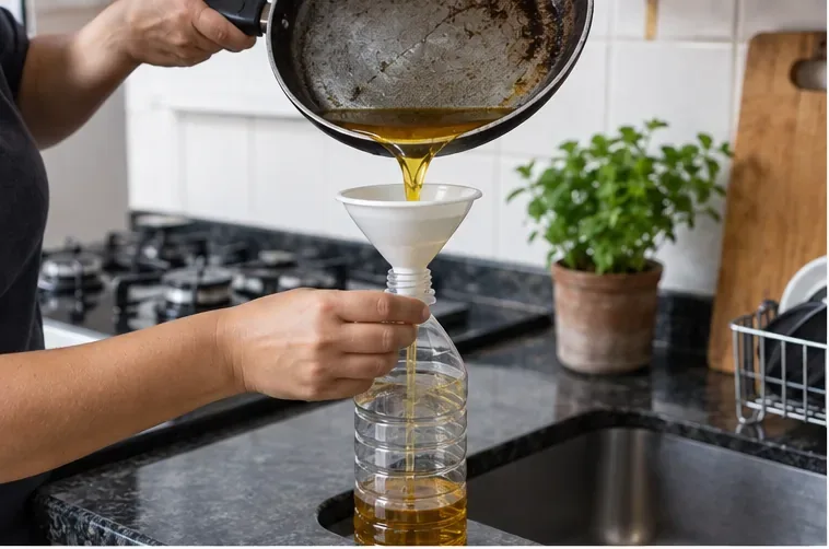 Pessoa despejando óleo de cozinha usado já frio em uma garrafa PET com auxílio de um funil