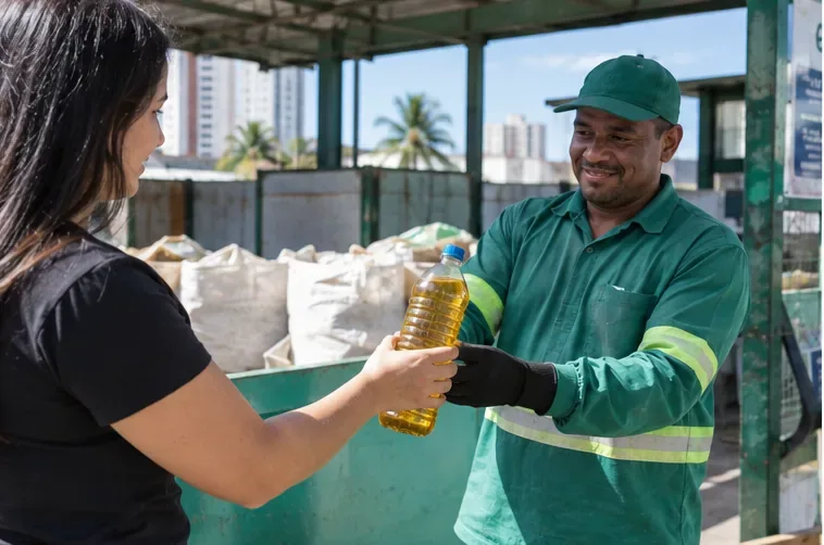 Moradora entregando uma garrafa PET com óleo de cozinha usado a um trabalhador de cooperativa de reciclagem