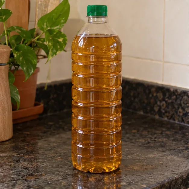 Uma garrafa PET transparente, tampada e com óleo usado armazenado em pé sobre uma bancada limpa.