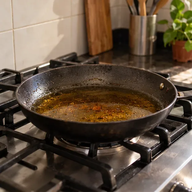 Uma frigideira com óleo usado repousa sobre o fogão depois da fritura, aguardando esfriar antes de ser transferida.
