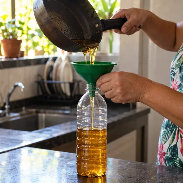 Uma pessoa transfere óleo de fritura já frio de uma frigideira para uma garrafa PET limpa usando um funil.