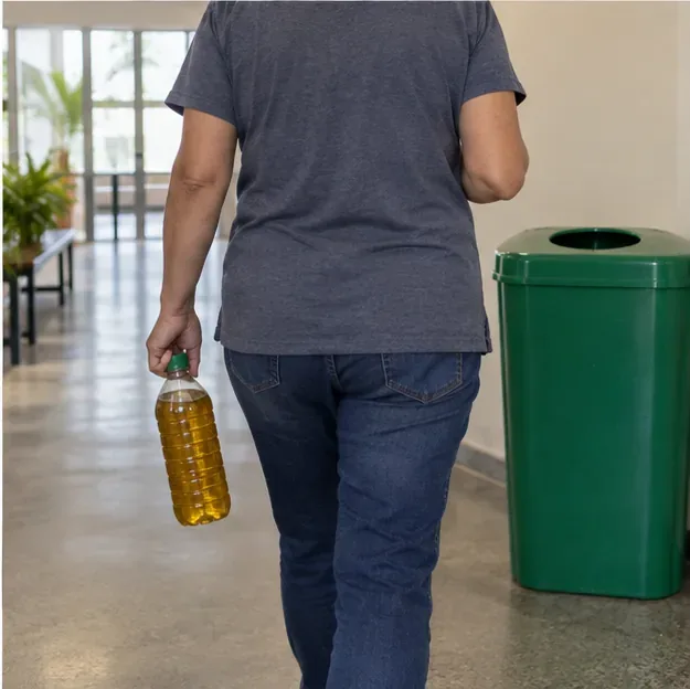 Pessoa levando uma garrafa fechada de óleo usado até um recipiente genérico de coleta seletiva
