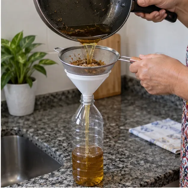 Óleo frio sendo coado em uma peneira e um funil para uma garrafa PET limpa