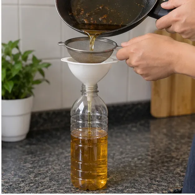 Óleo de cozinha usado sendo coado por uma peneira e transferido com funil para uma garrafa plástica transparente.
