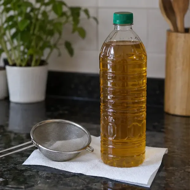 Garrafa PET transparente e tampada com óleo usado ao lado de uma peneira e papel absorvente
