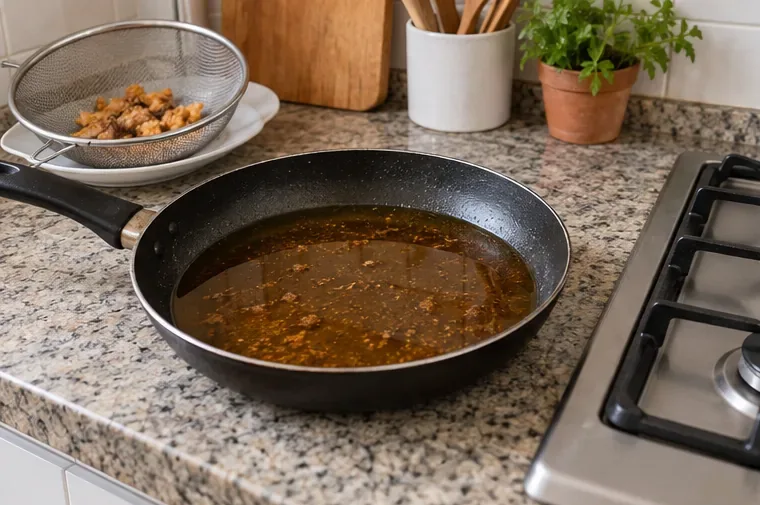 Uma frigideira com óleo usado esfriando sobre a bancada, com um coador contendo resíduos de alimento ao lado.