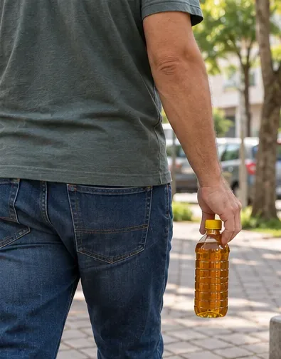 Um morador carrega uma garrafa tampada com óleo usado pela calçada, a caminho de um ponto de entrega.